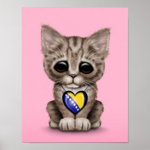 Affiche Cute Kitten avec Coeur de Bosnie-Herzégovine, rose