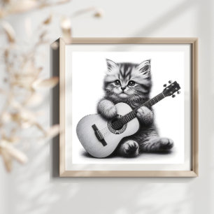Affiche Cute Kitten avec pochoir de guitare acoustique Por