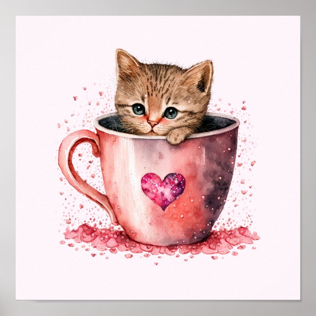 Affiche Cute Kitten dans un Teacup avec les coeurs (Devant)