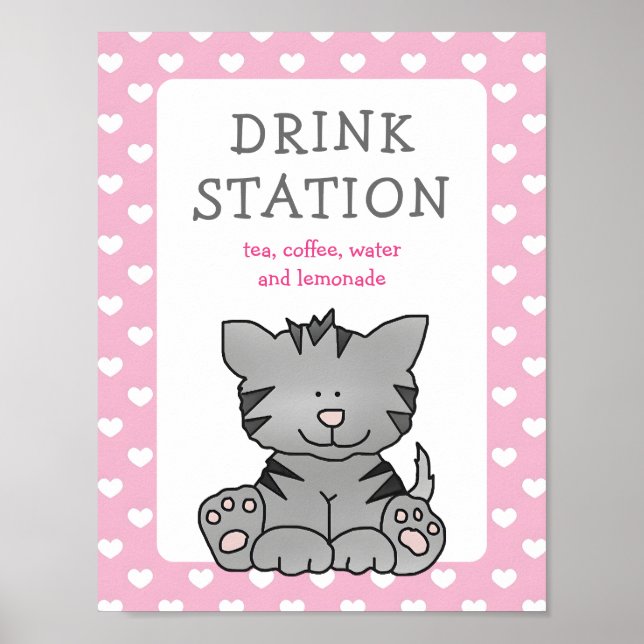 Affiche Cute Kitten et Hearts Boisson Station Baby shower (Devant)