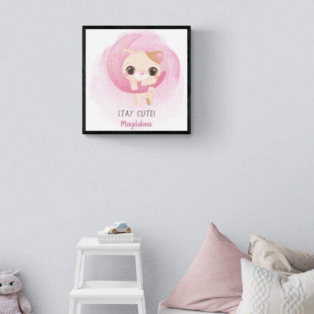 Affiche Cute Kitten personnalisé (Cute poster is designed to decorate a girl's nursery room with a cute little kitty hanging on a moon)