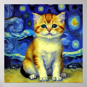 Affiche Cute Kitten Starry Night Van Gogh