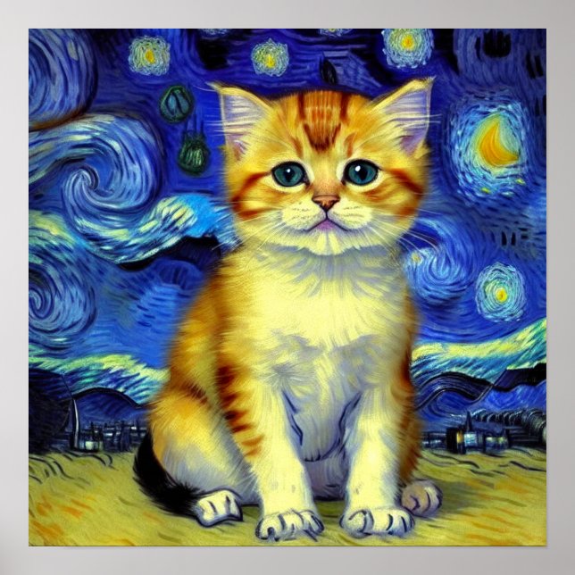 Affiche Cute Kitten Starry Night Van Gogh (Devant)