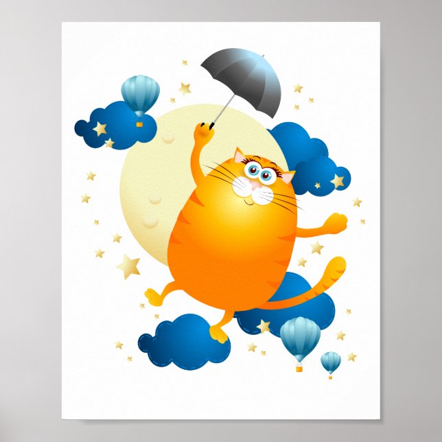 Affiche Cute Kitten volant avec parapluie (Devant)