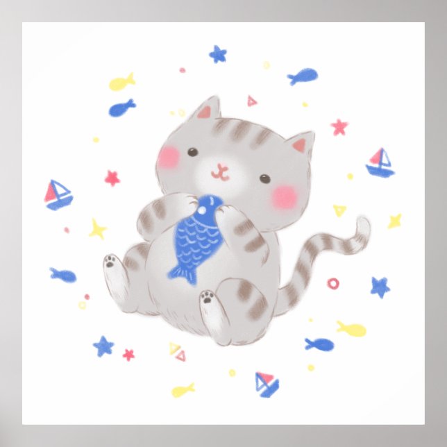 Affiche Cute Kitty avec du poisson en été Illustration (Devant)