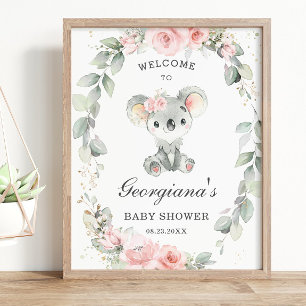 Affiche Cute Koala Rose Baby shower Floral Sage Vert