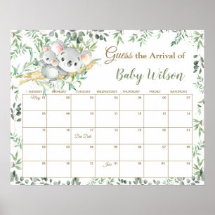 Affiche Cute Koalas Greenery Guess Baby's due Date de Jeu