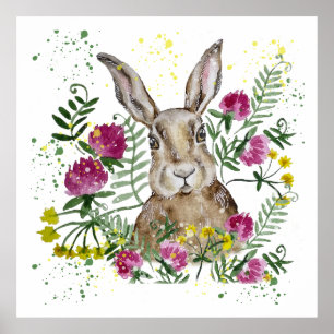 Affiche Cute lapin en fleurs d'aquarelle