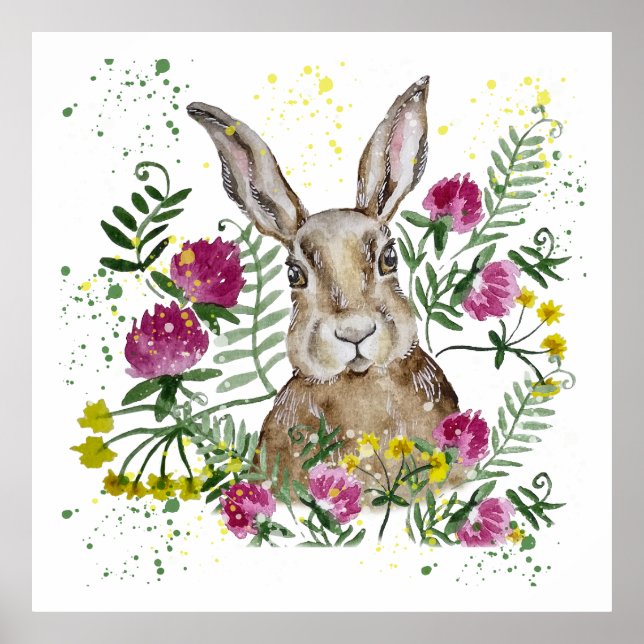 Affiche Cute lapin en fleurs d'aquarelle (Devant)
