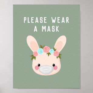 Affiche Cute lapin Lapin Floral Porte Masque Vert Covid