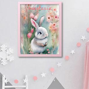 Affiche Cute Lapin Lapin Pastel Aquarelle Fleurs de printe
