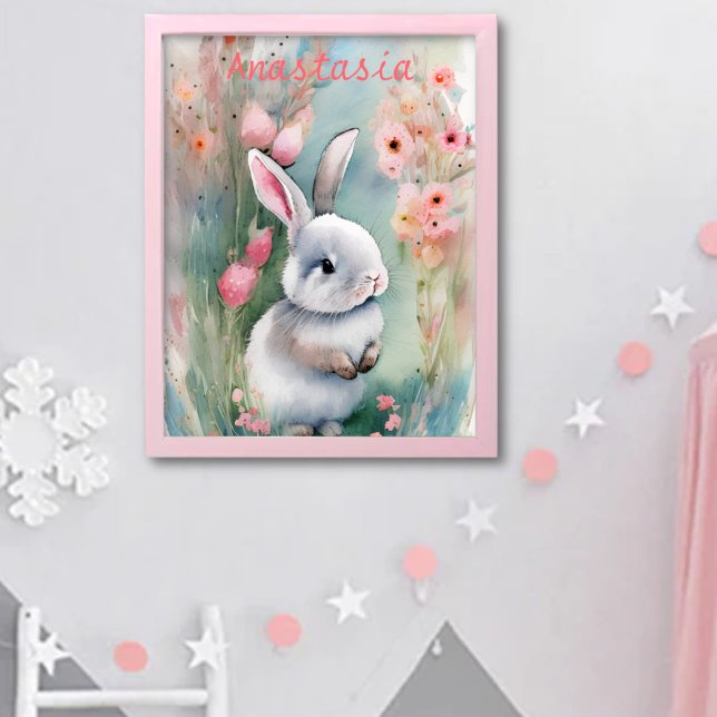 Affiche Cute Lapin Lapin Pastel Aquarelle Fleurs de printe (Créateur téléchargé)