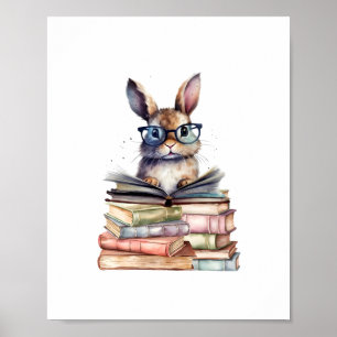 Affiche Cute Lecture Bunny Avec Lunettes Livres Vêtements