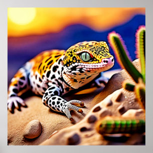 Affiche Cute Leopard Gecko Sunset Desert Design