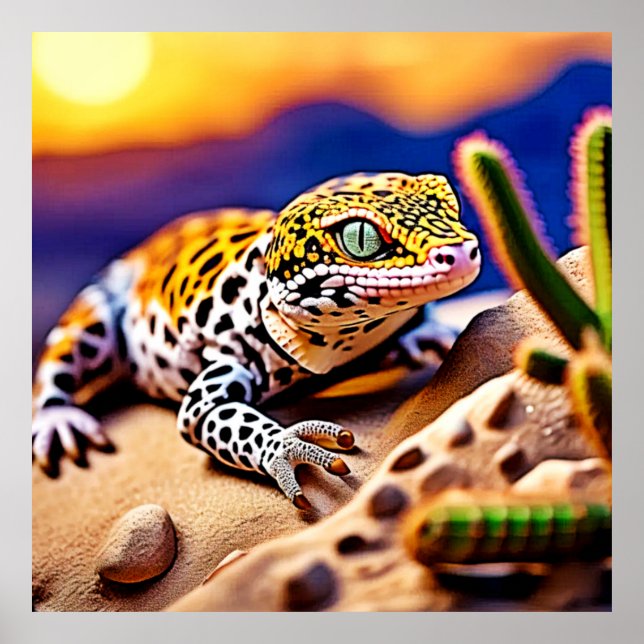 Affiche Cute Leopard Gecko Sunset Desert Design (Devant)