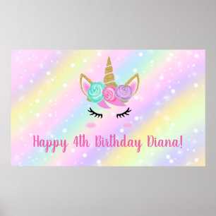 Affiche Cute licorne fille de 4ème anniversaire