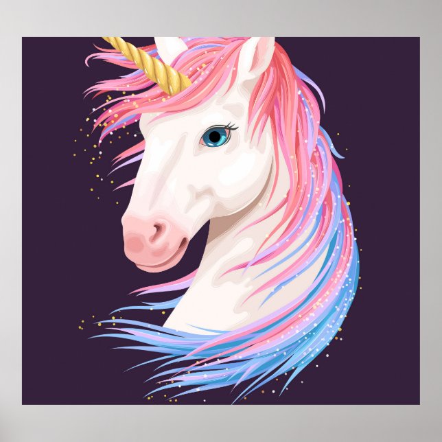 Affiche Cute licorne, illustration de corne dorée. (Devant)
