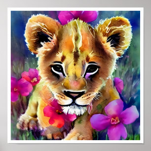 Affiche Cute Lion Cub Entouré de Fleurs