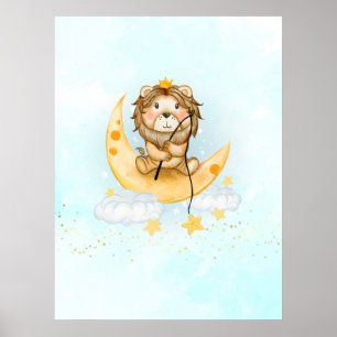 Affiche Cute Lion Pêche sur l'aquarelle de la lune