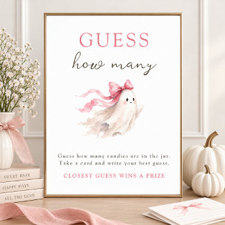 Affiche Cute Little Boo Pink Bow Guess How Many Party Sign
