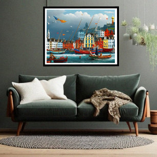 Affiche Cute Little Ville touristique imaginaire portuaire