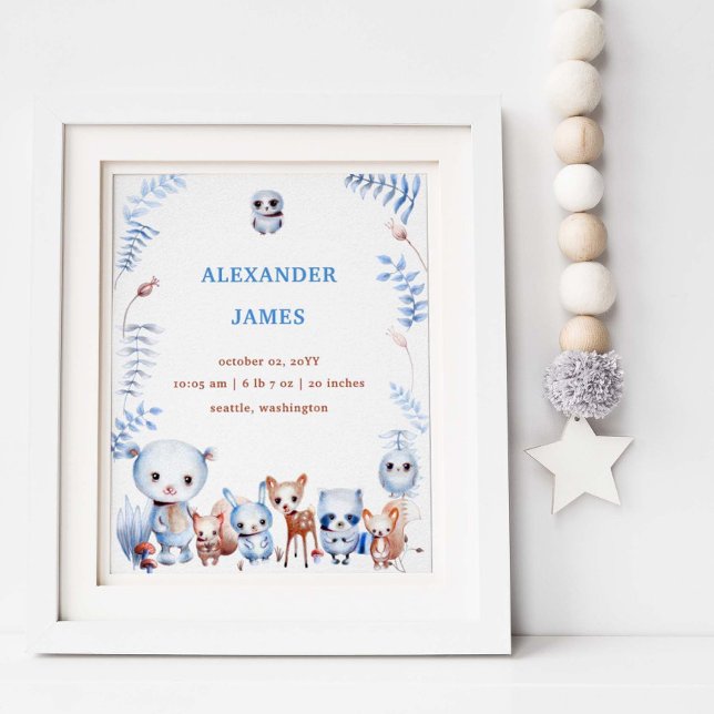 Affiche Cute Magical Woodland Animals Birth Stats Boy Baby (Créateur téléchargé)