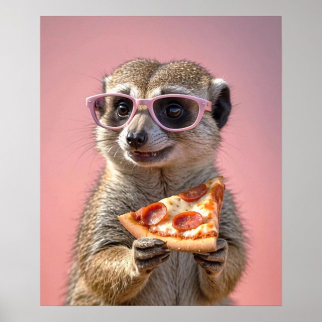 Affiche Cute Meerkat avec lunettes et pizza (Devant)