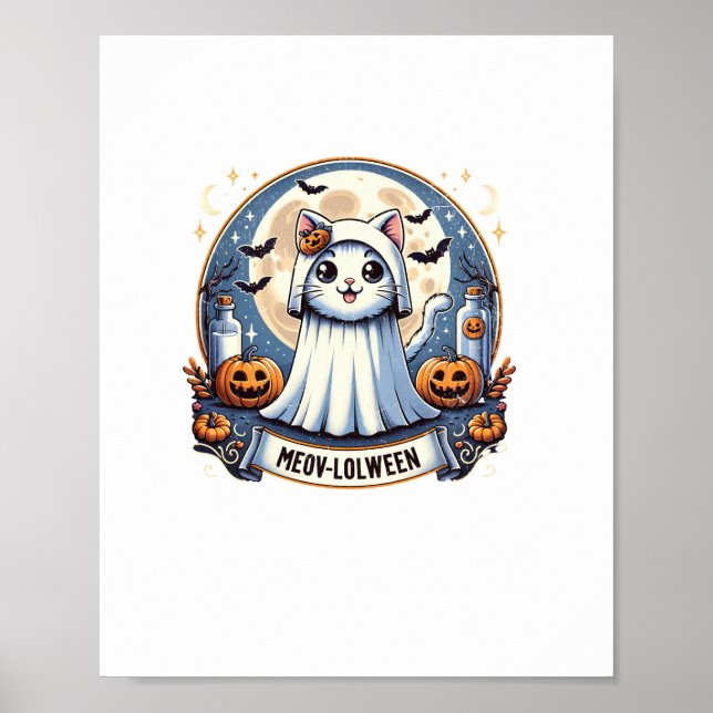 Affiche Cute Meow-lolween Chat en costume fantôme Hallowee (Devant)