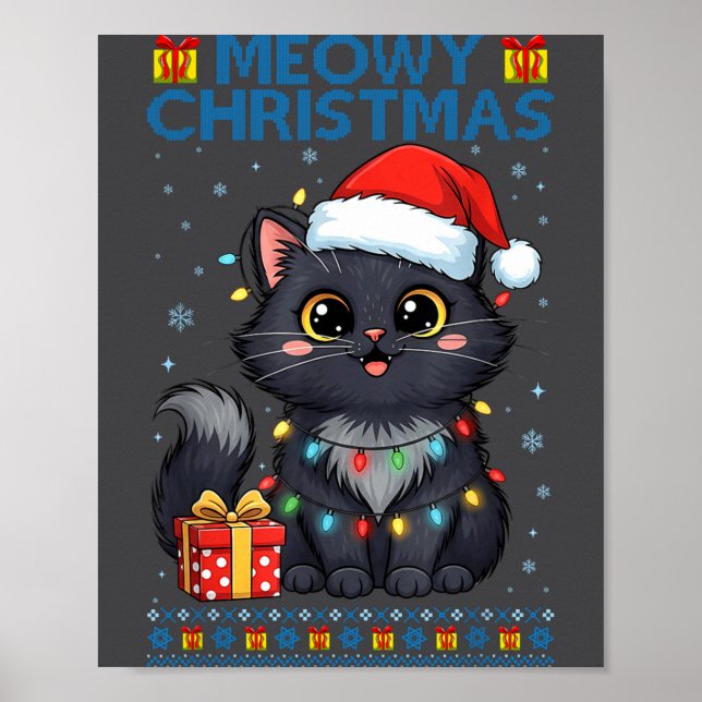 Affiche Cute Meowy Christmas Cat – Kawaii Holiday Kitty Te (Devant)