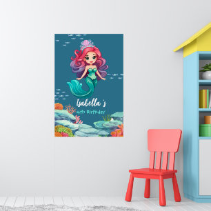 Affiche Cute Mermaid Rainbow couronne colorée fête d'anniv