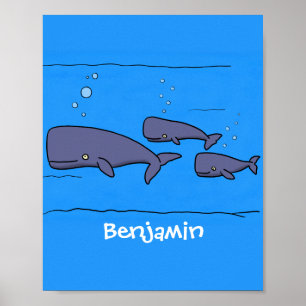 Affiche Cute migrating cartoon whales illustration