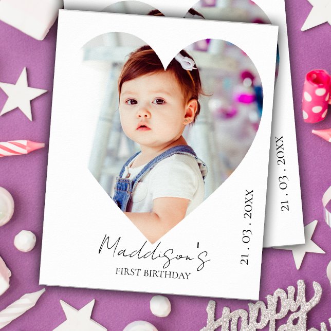 Affiche Cute Minimaliste Heart Photo Premier Anniversaire (Cute Minimalist Heart Photo First Birthday Party Poster)