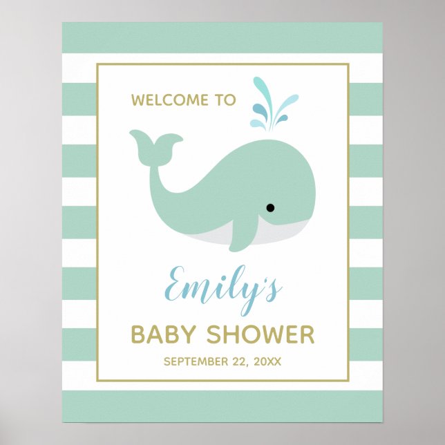 Affiche Cute Mint Green Whale Baby Shower Welcome Sign (Devant)
