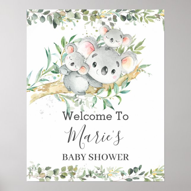 Affiche Cute Mom Koala Twins Verdure Baby shower neutre (Devant)