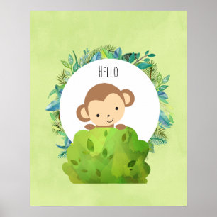Affiche Cute Monkey Peeking Out from Behind a Bush Hello