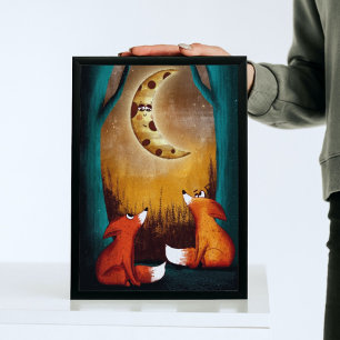 Affiche Cute Moon Night Forest Foxes Nature Kids Nursery