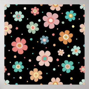 Affiche Cute Multicolour Flower Pattern On Black
