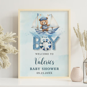 Affiche Cute Nautical Blue Boat Teddy Bear Boat Baby showe