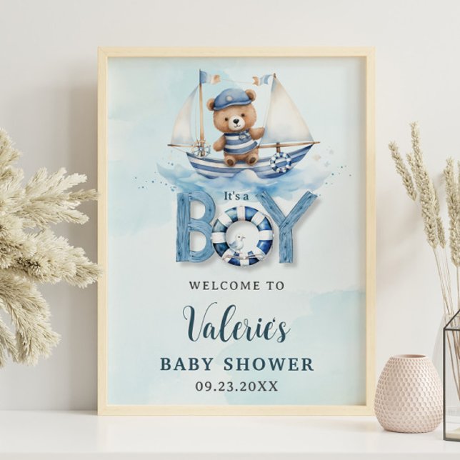 Affiche Cute Nautical Blue Boat Teddy Bear Boat Baby showe (Créateur téléchargé)