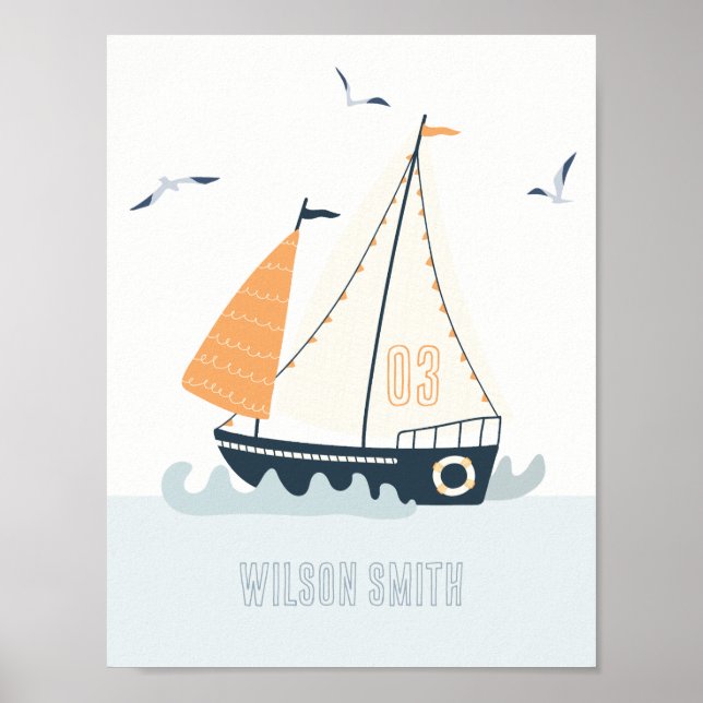 Affiche Cute Nautical Blue Sailboat Pastel Kids Nursery (Devant)