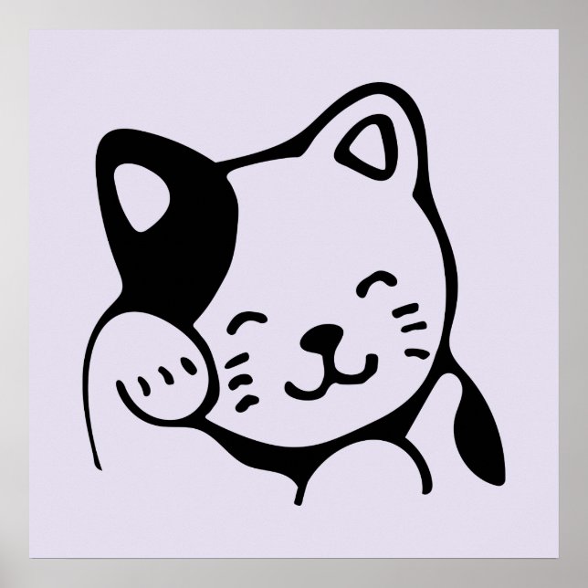 Affiche Cute noir et blanc Kitty Chat Waving Bonjour (Devant)