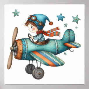 Affiche Cute Nursery Art Enfant Voler Vieux Avion