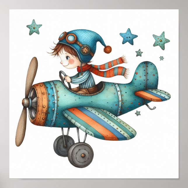 Affiche Cute Nursery Art Enfant Voler Vieux Avion (Devant)