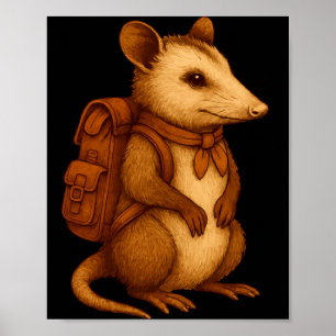 Affiche Cute opossum randonneur camping forêt