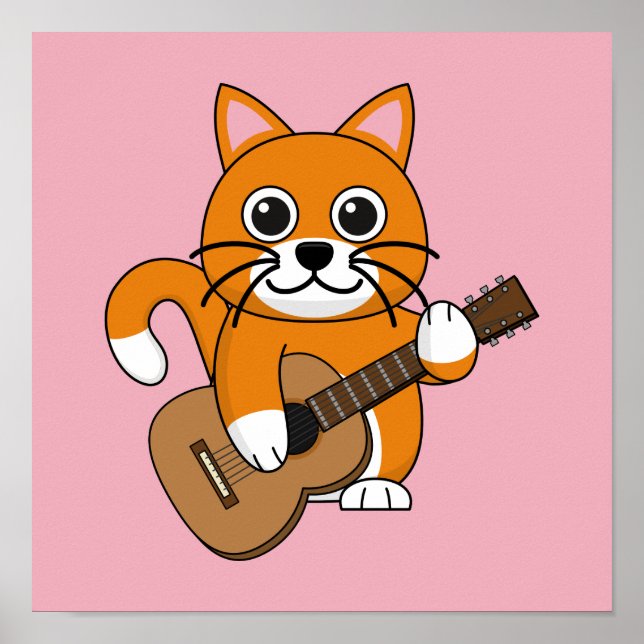 Affiche Cute Orange Chat Blanc Jouer Caricature Guitare (Devant)