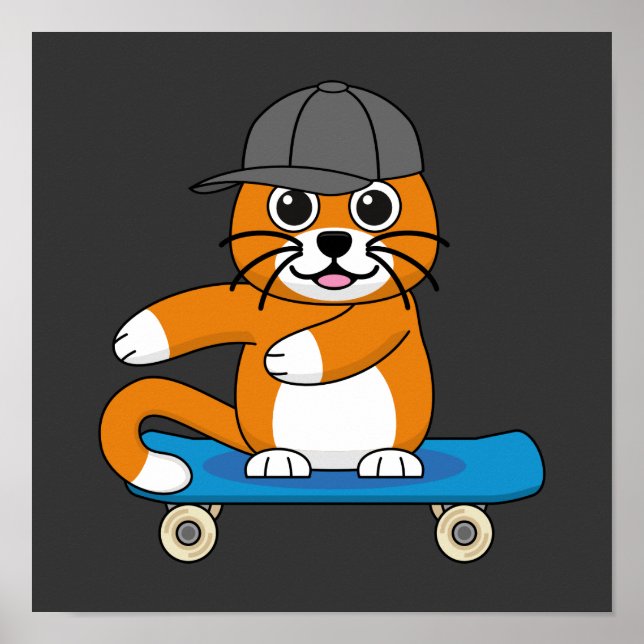 Affiche Cute Orange Chat sur Skateboard Cartoon (Devant)