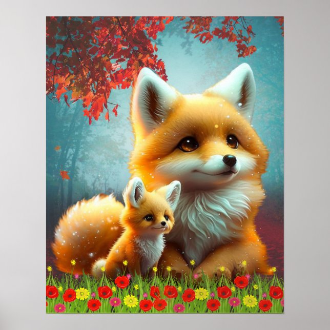 Affiche Cute Orange Fox Maman et bébé Art Nursery (Devant)