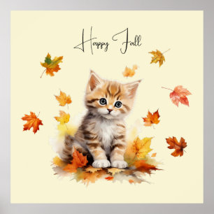 Affiche Cute Orange Tabby Kitten dans les feuilles d'autom