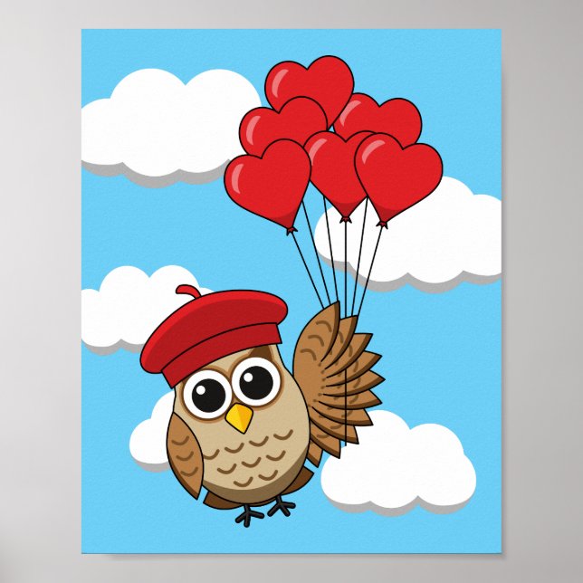 Affiche Cute Owl Flying with Heart Balloons (Devant)