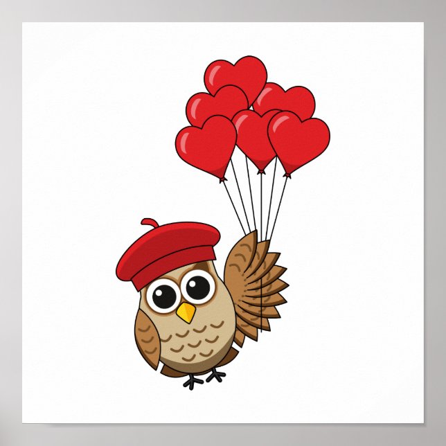 Affiche Cute Owl Flying with Heart Balloons (Devant)